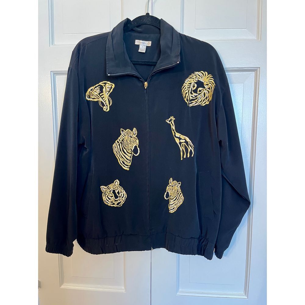 Vintage Minelli Safari Animal Embroidered Zip Up Jacket Black Gold Lion Tiger M